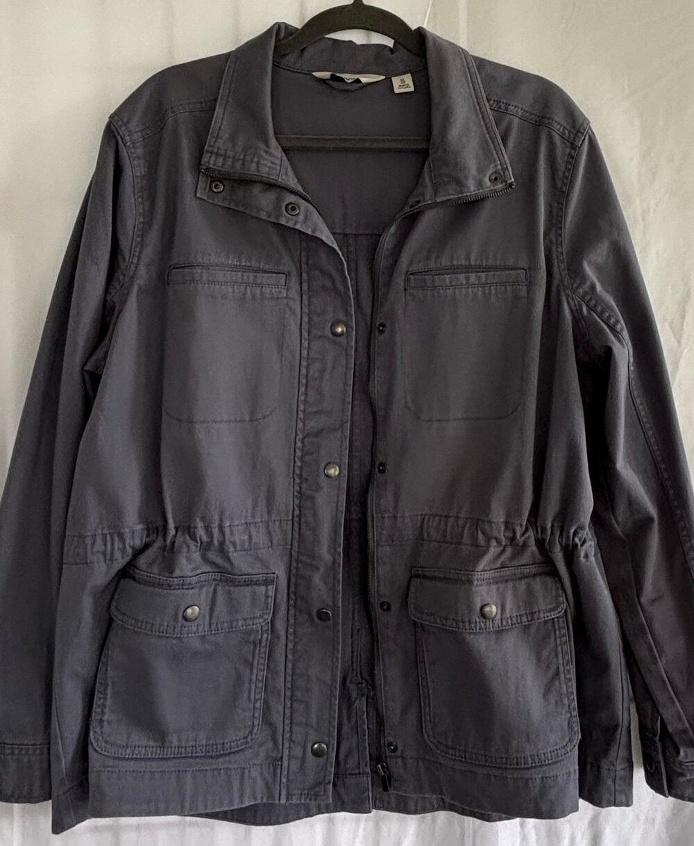 L.L.Bean Womens XL Utility Field Jacket Gray Cotton Zip Snap Up Drawstring Waist